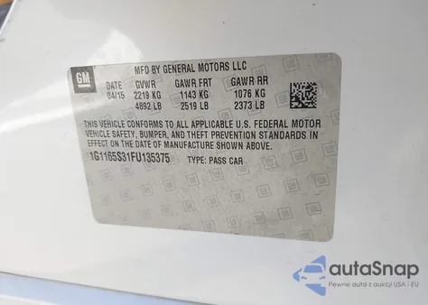 2015 Chevrolet Impala 2Lz from USA, damaged, VIN 1G1165S31FU135375